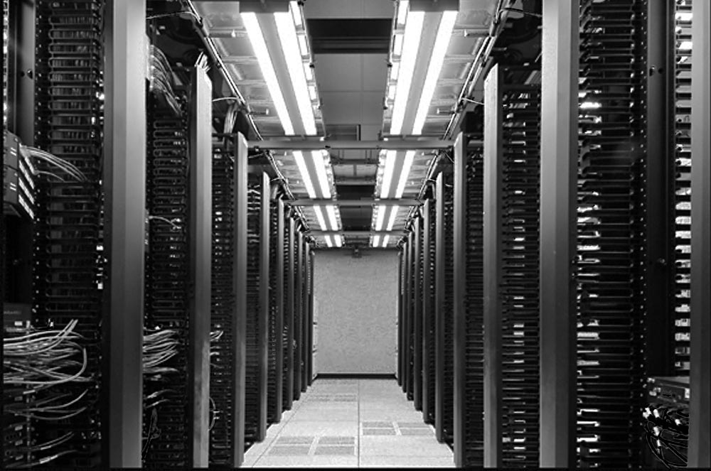 black and white image of a data center